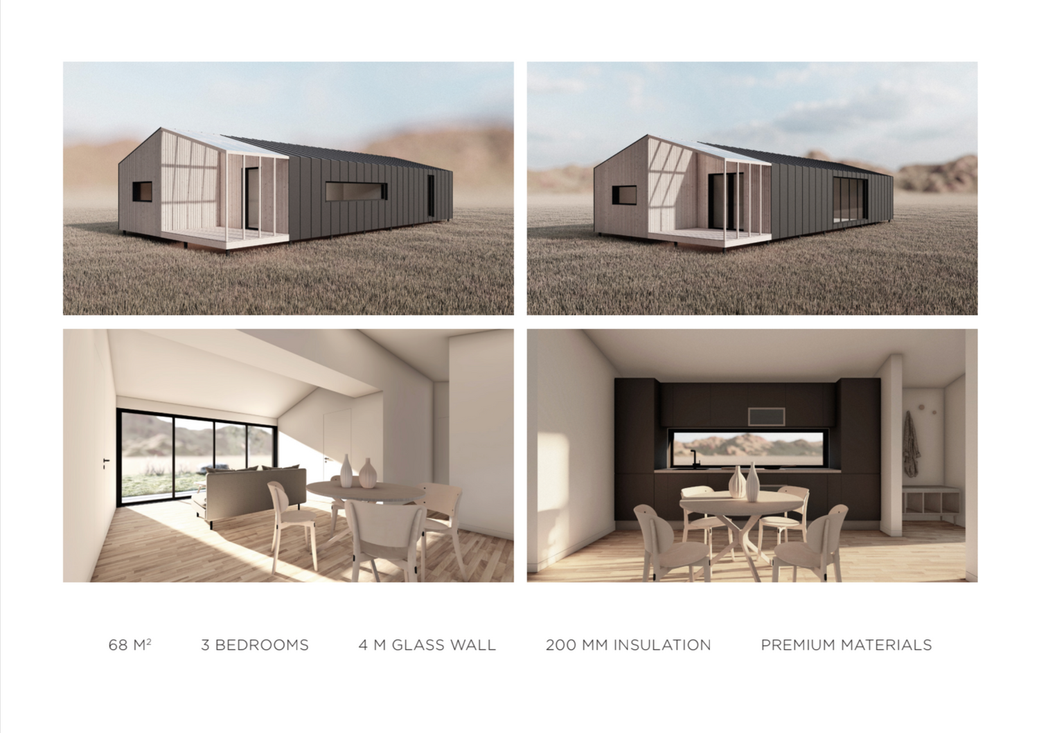 Minimalist prefabricated home with long rectangular design showcasing modern interior living and dining spaces.