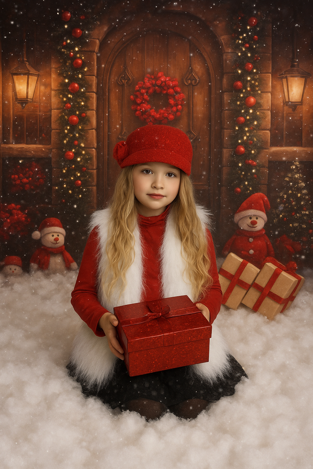 Magical Christmas scene with gift boxes, sparkling lights, and red decorations on a misty white background.