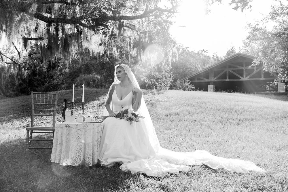 A sequence of black and white wedding photos showing romantic poses among trees and outdoor settings.