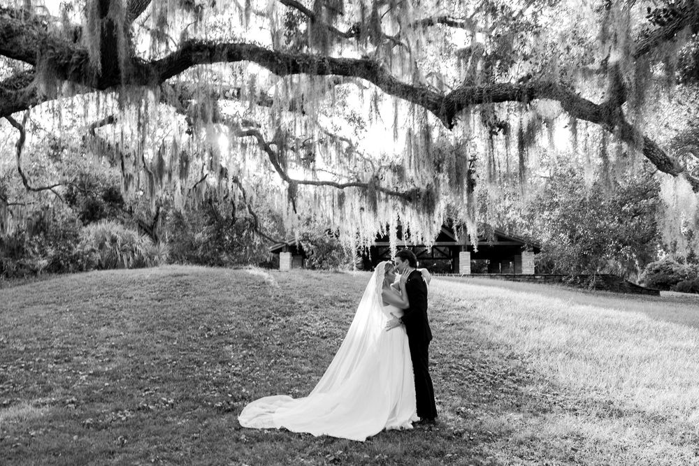 Two people embrace under Spanish moss draped trees in a romantic black and white wedding portrait series.