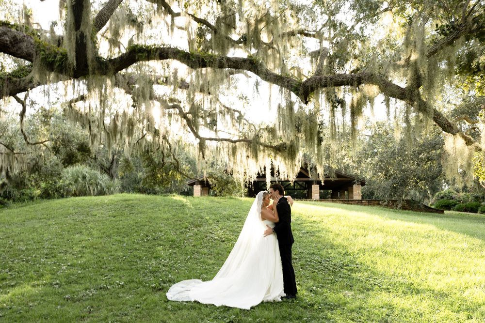 A couple shares a romantic moment under Spanish moss-draped oak trees on a verdant lawn at a Southern plantation.