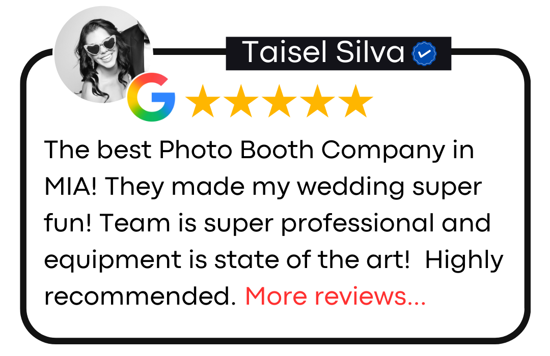 Review snippets from social media showing positive user testimonials about event services with star ratings and comments in Broward