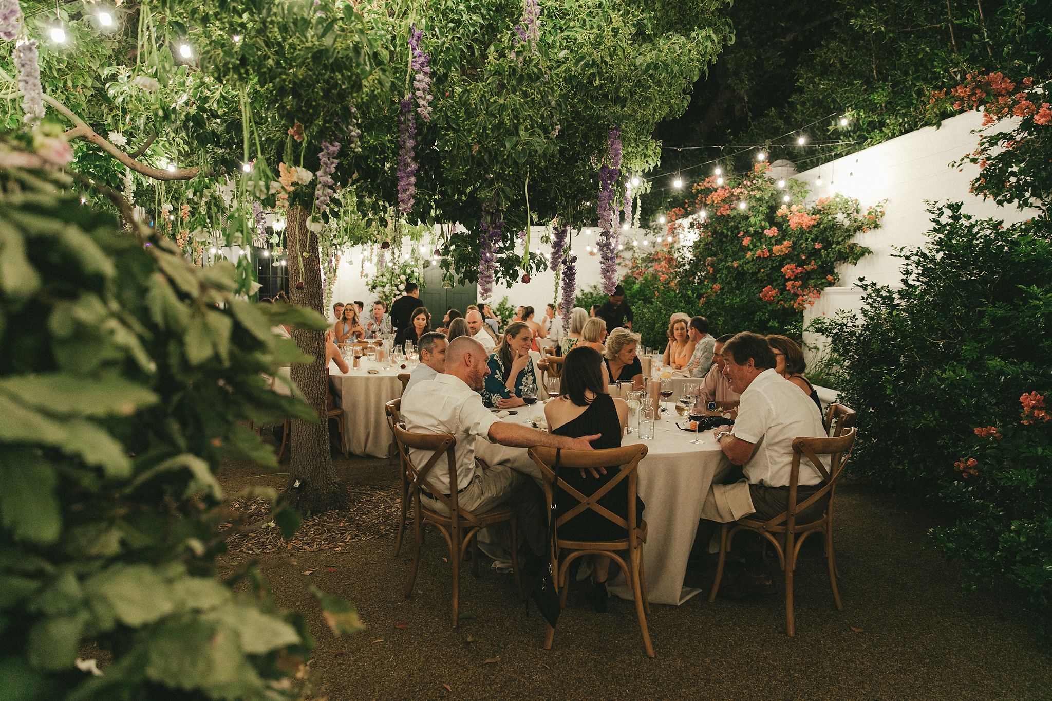 Reception under festoon lights at La Cotte wedding venue, Franschhoek