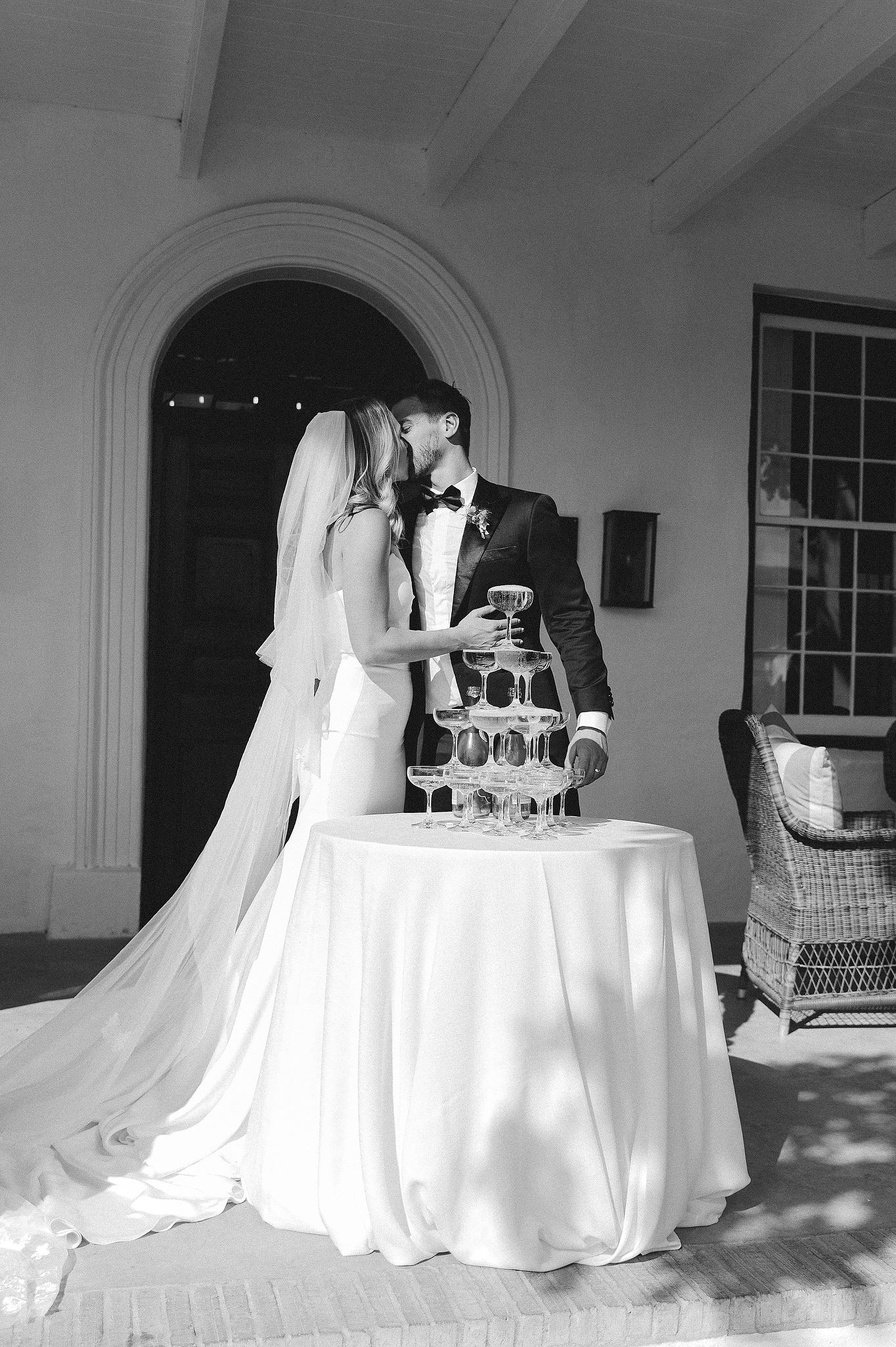 Bride and groom champagne tower at La Cotte in Franschhoek