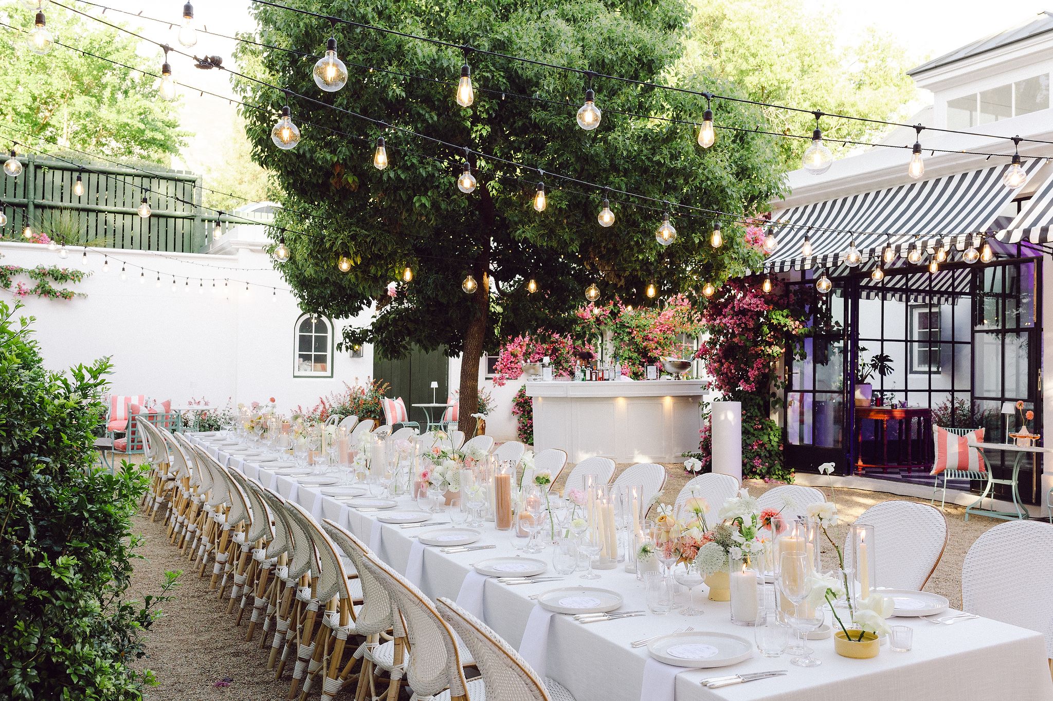 Reception under festoon lights at La Cotte wedding venue, Franschhoek