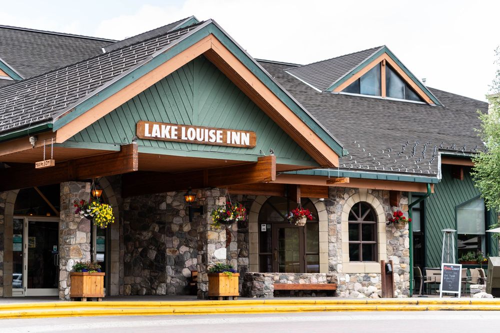 Exterior collage of Lake Lodge Inn building with stone accents and rustic timber frame architecture in dark green tones.