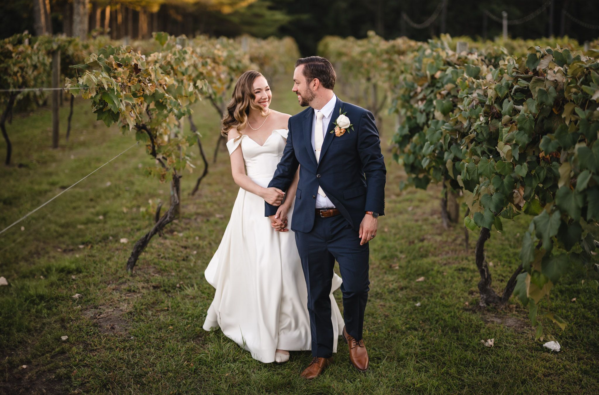 Newlyweds walk together through rows of grapevines at sunset.