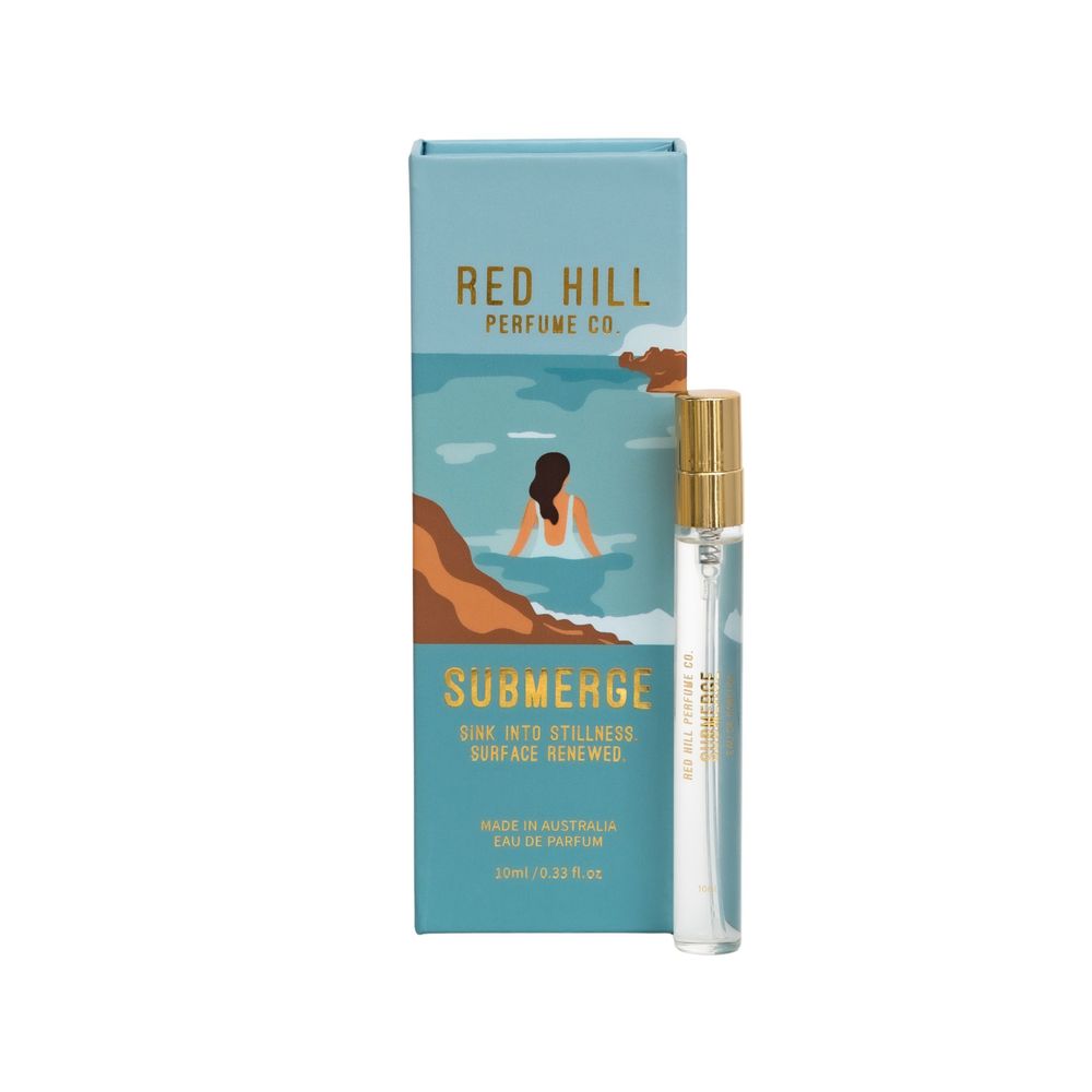 Four images showing perfume bottle and packaging designs in teal and orange tones for Red Hill and Submerge fragrances.
