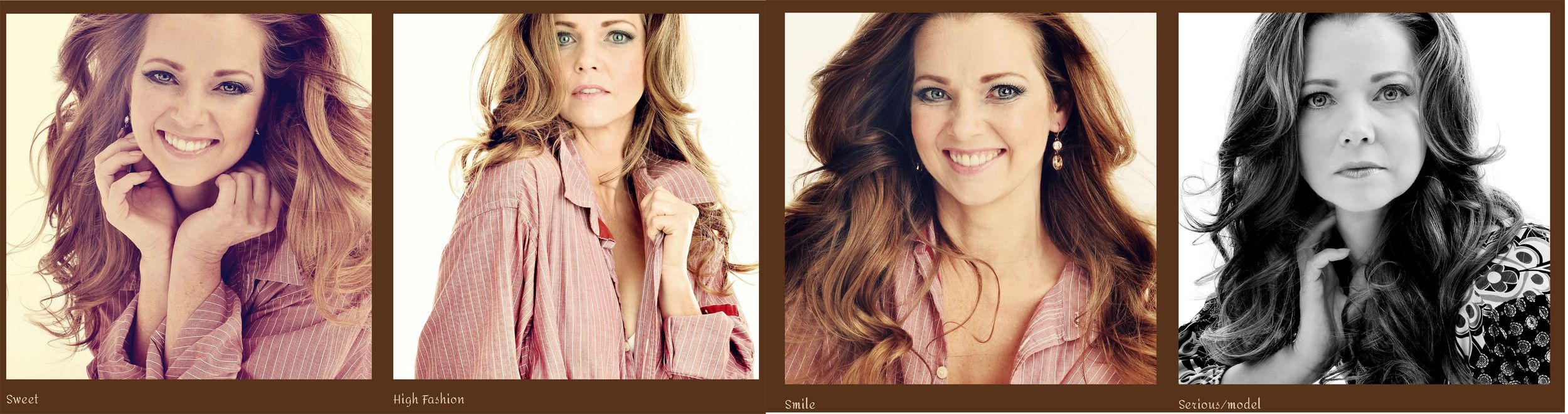 Three headshot photographs showing the progression of a photoshoot with different lighting and poses.