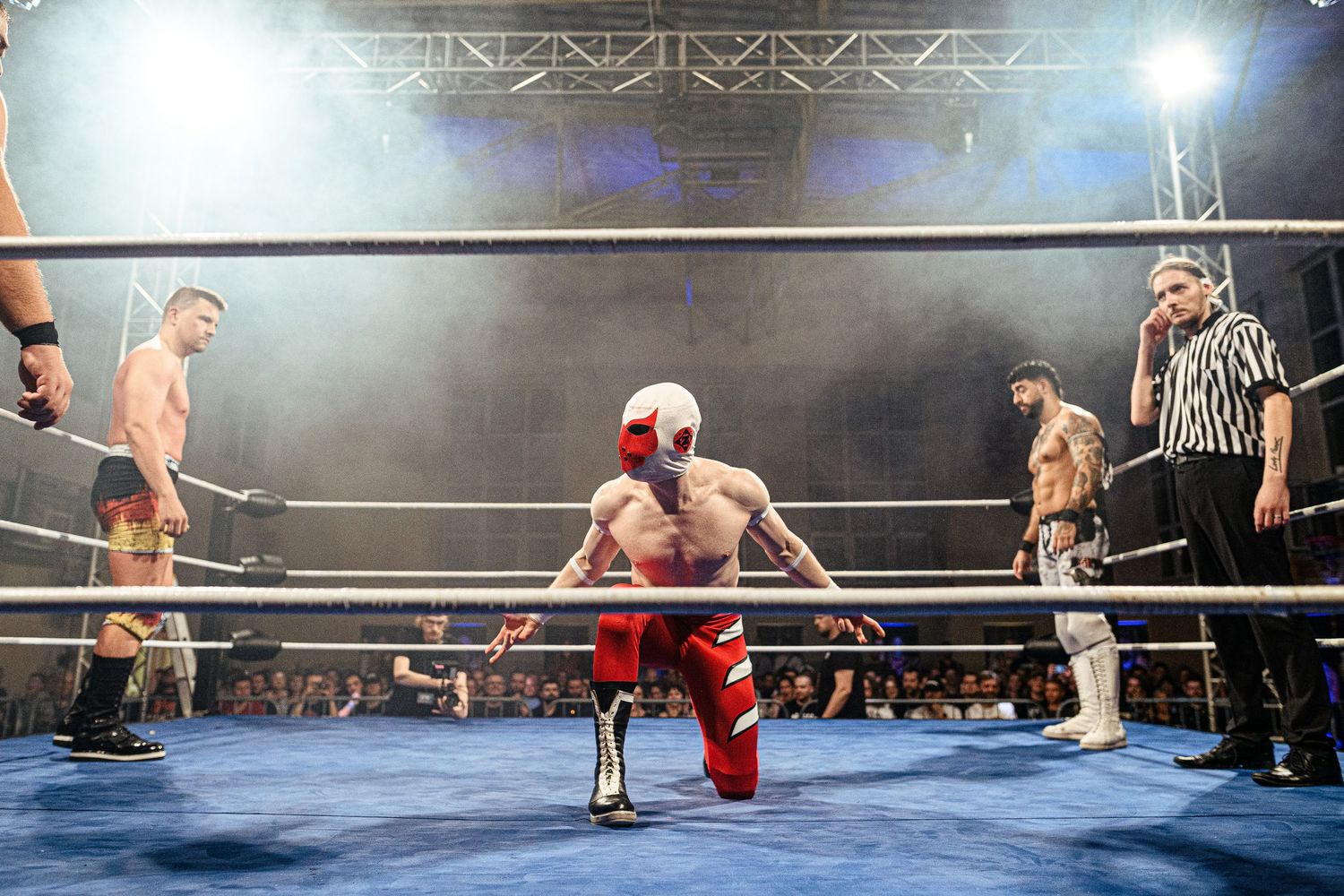 Wrestling match sequence showing athletic moves and maneuvers in a brightly lit ring.