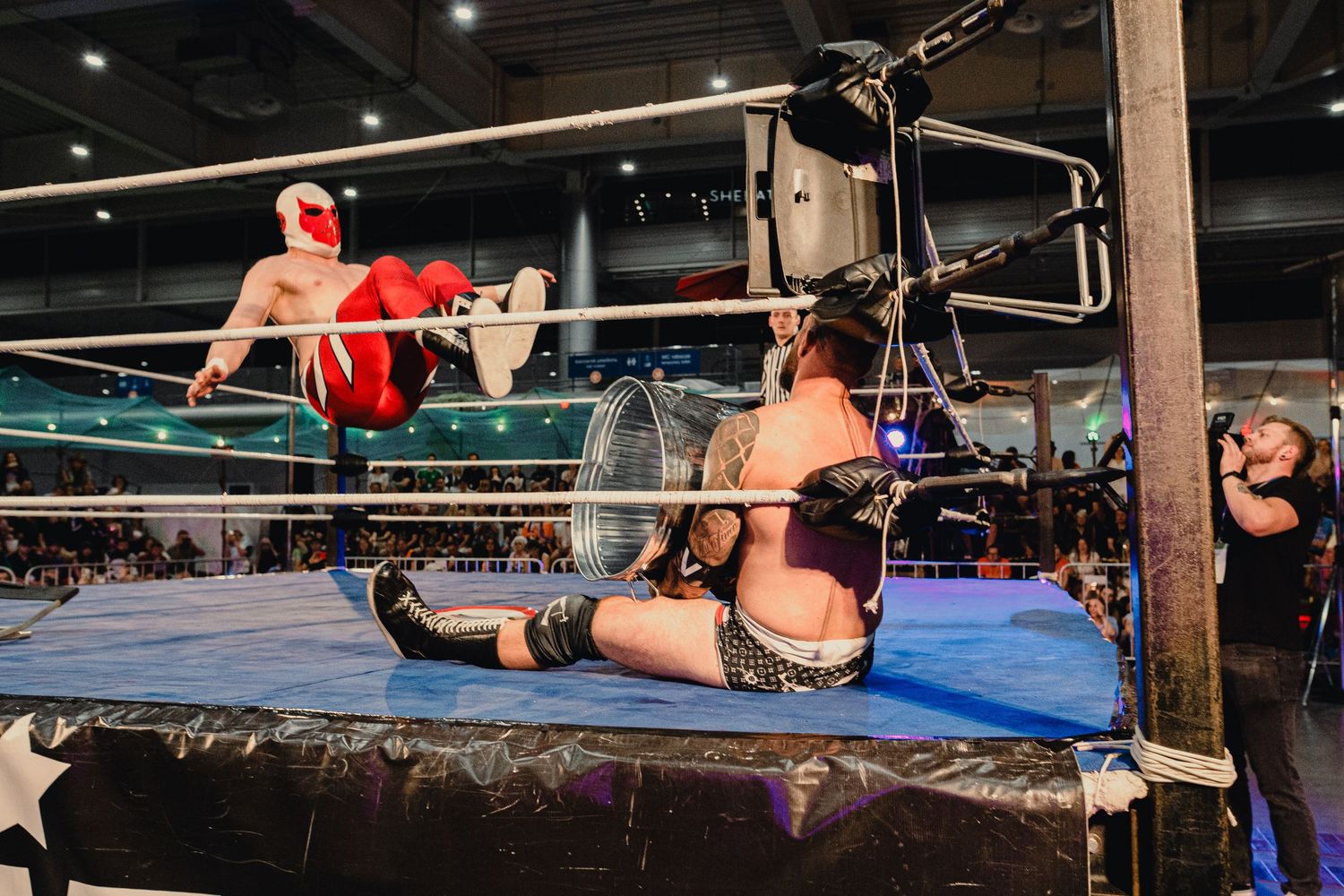 Wrestlers perform high-impact moves in a wrestling ring as the crowd watches.