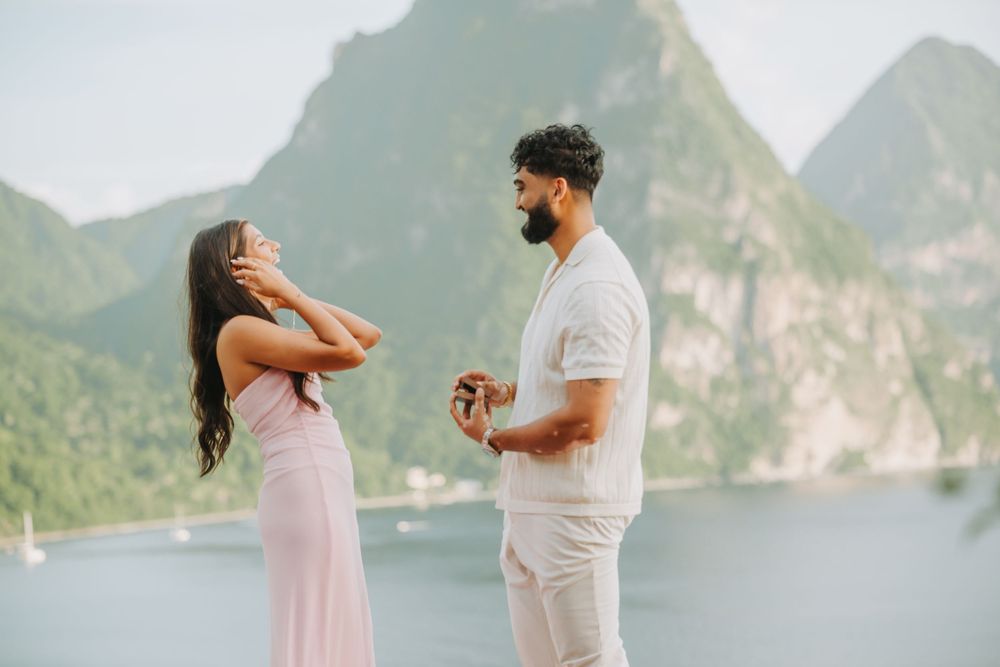 St Lucian photographer captures surprise proposal and engagement photoshoot at Caille Blanc in Soufriere St Lucia in front of the Pitons