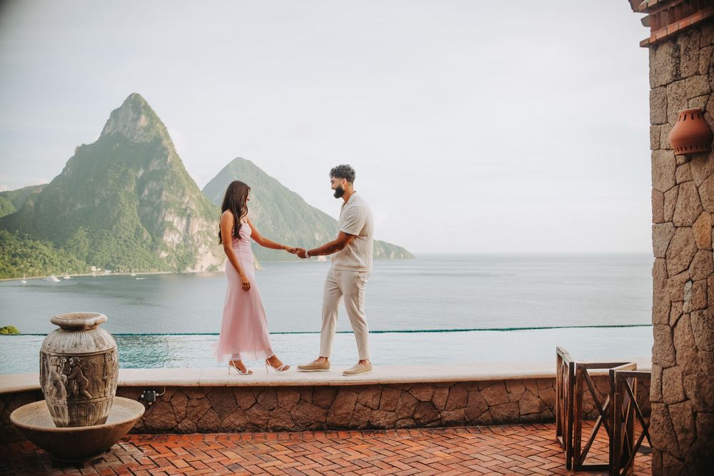 St Lucian photographer captures surprise proposal and engagement photoshoot at Caille Blanc in Soufriere St Lucia in front of the Pitons