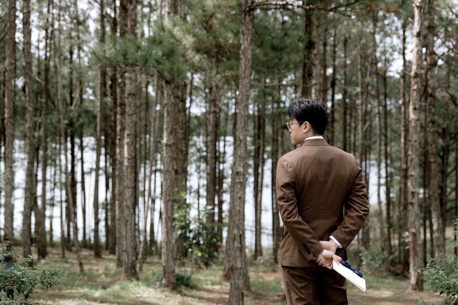 Man in brown suit standing with back to camera holding papers in a serene pine forest.