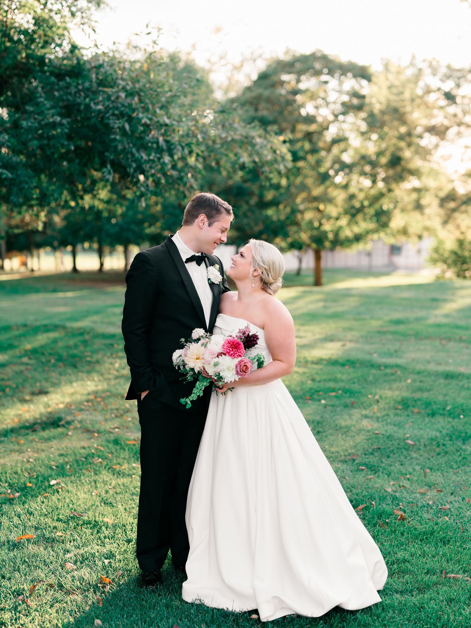 A sequence of wedding party photos showing bridesmaids in burgundy dresses helping the bride with her flowing white gown.