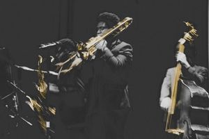 A collection of black and white photographs arranged in a horizontal row showing musical instruments and performers.