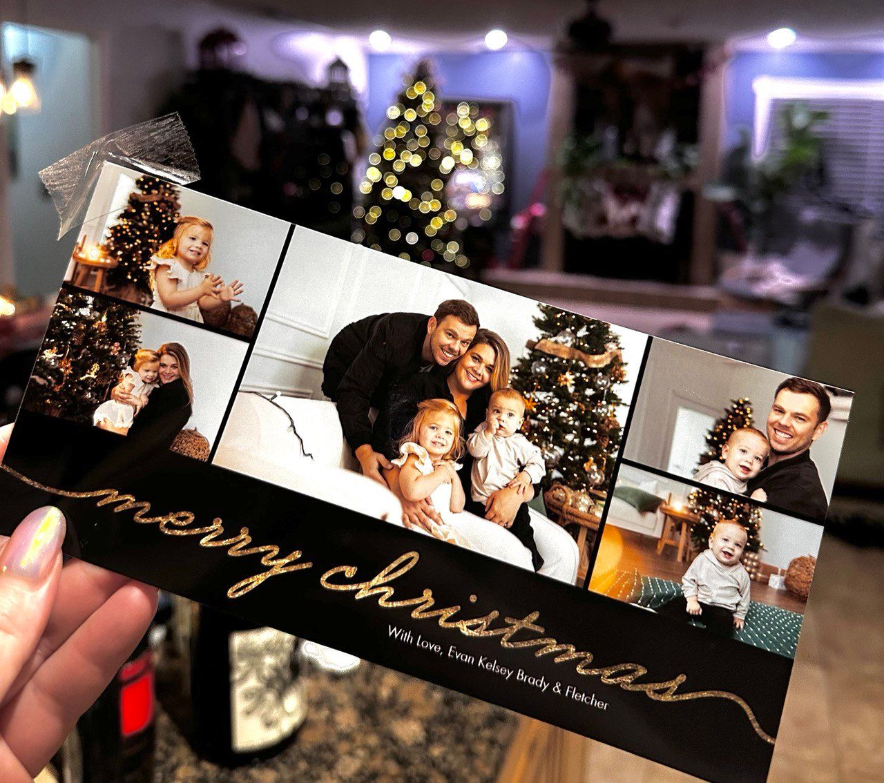 Holiday photo card featuring multiple family snapshots arranged with glowing Christmas tree in background.