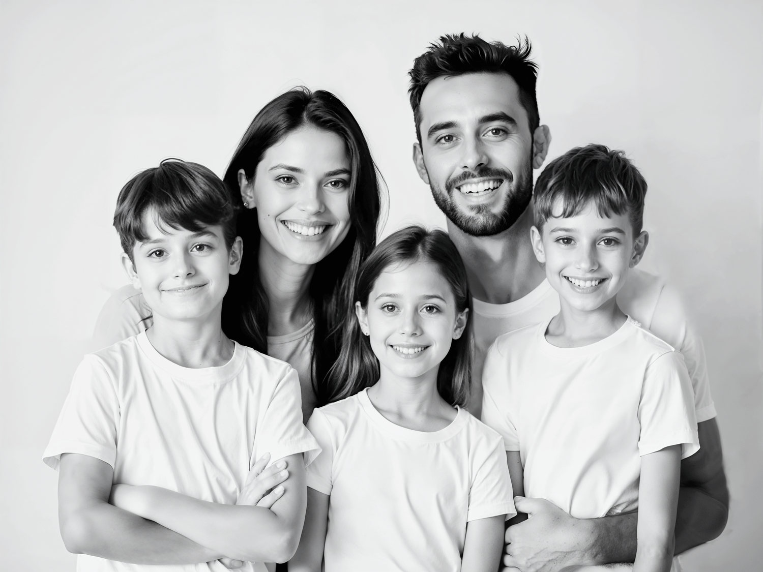 Black and white portrait of a happy family of five wearing white t-shirts smiling at the camera.