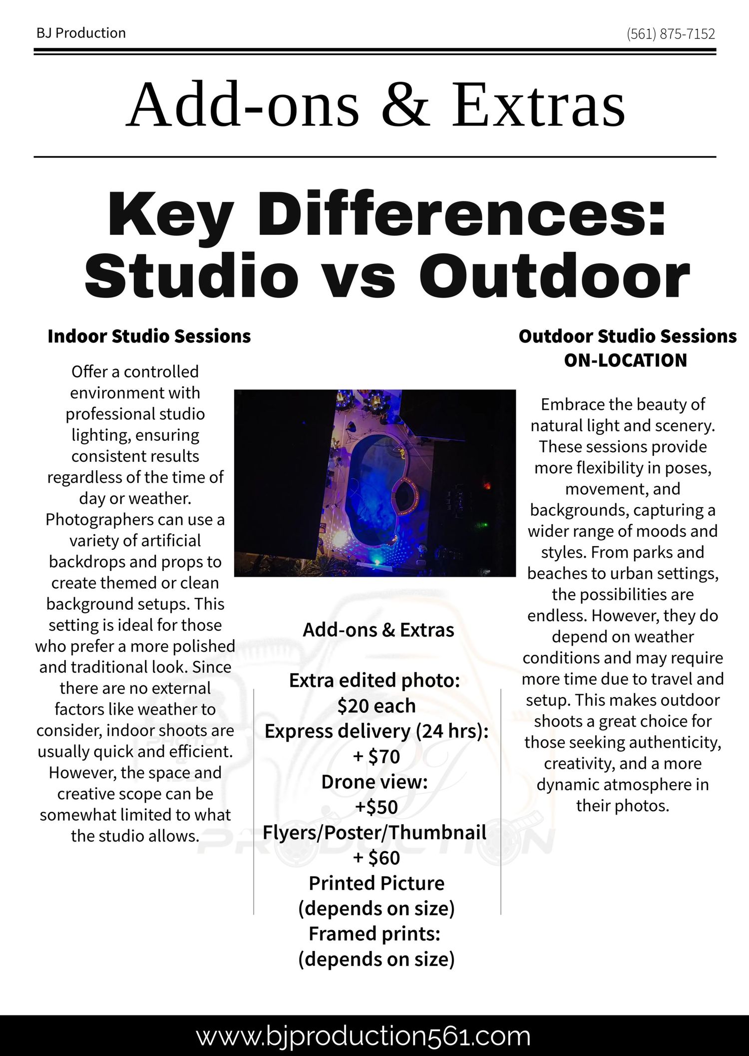 Informational page comparing studio versus outdoor photography session features and pricing.