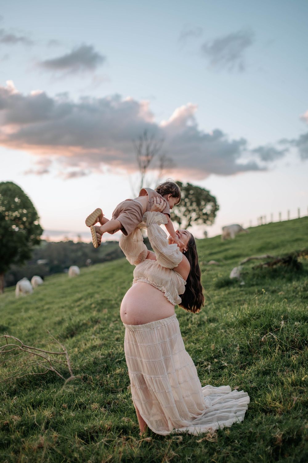 A tender moment at sunset in a pastoral field with rolling hills and sheep grazing in the background.
