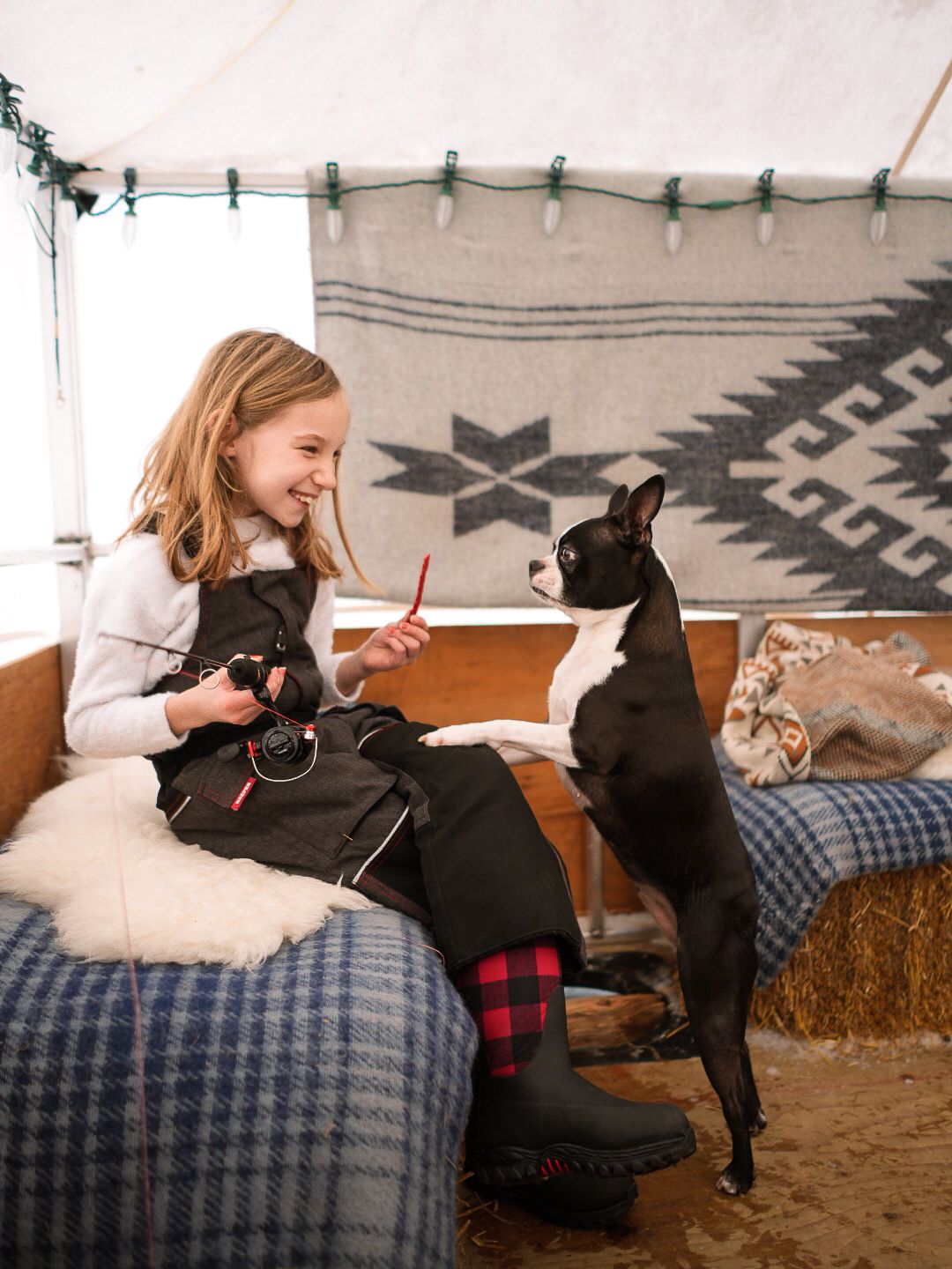 Black dog playing on cozy blankets inside a tent with geometric pattern decor.