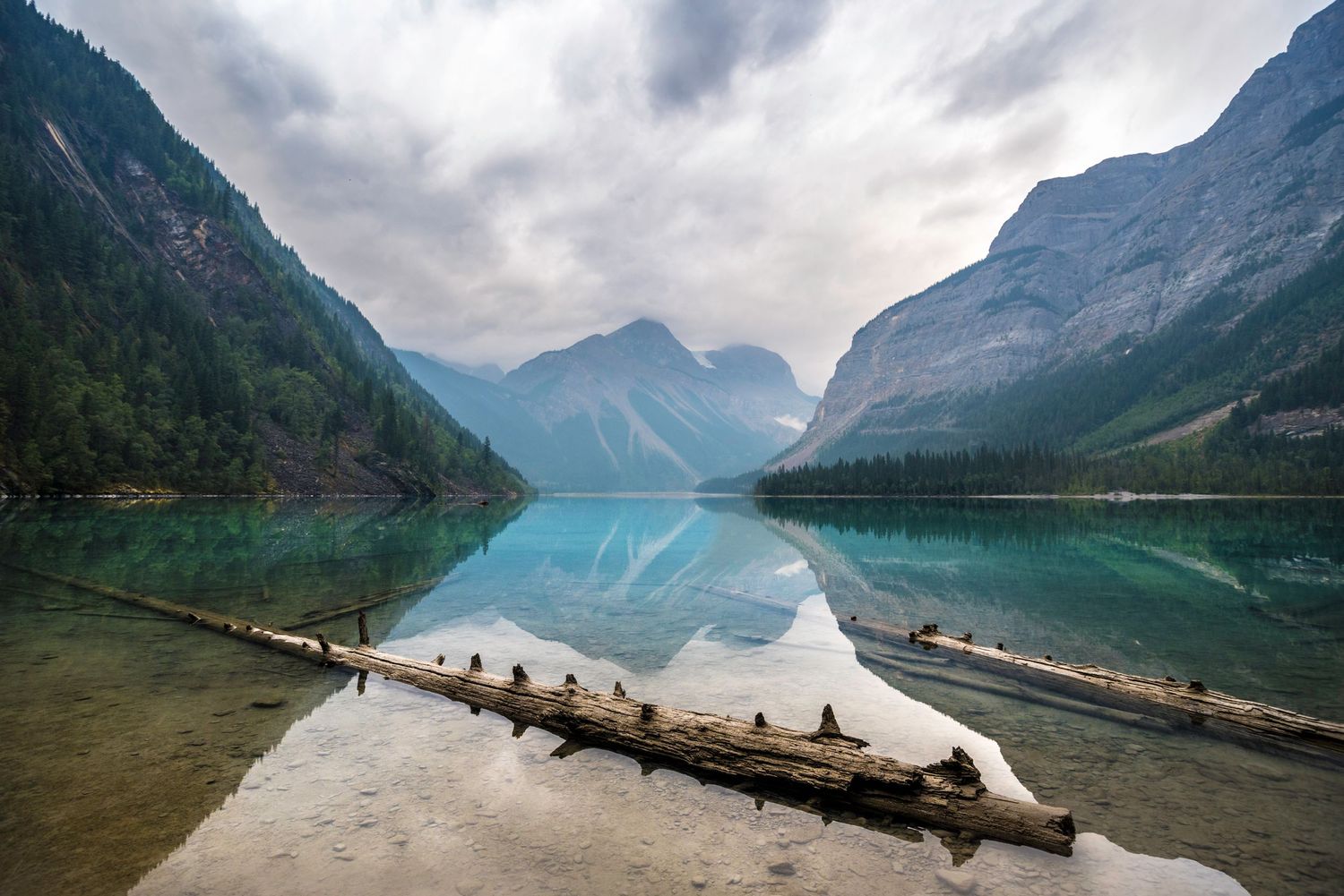 Pristine mountain lake with turquoise waters reflects dramatic peaks and fallen log in foreground.