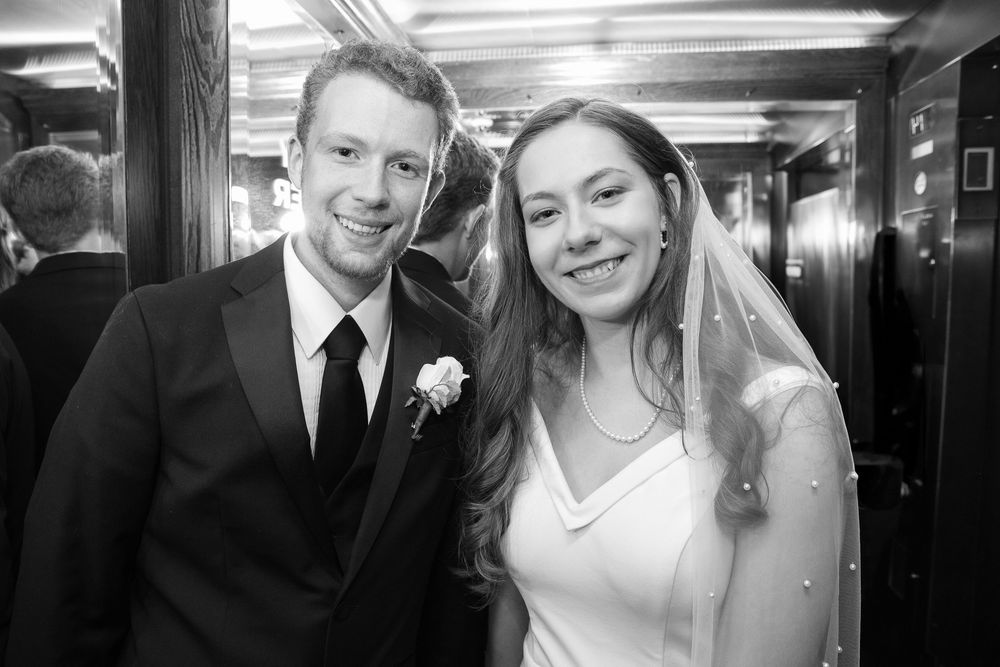 A black and white wedding photo collage showing happy couples in formal attire during their special celebration.
