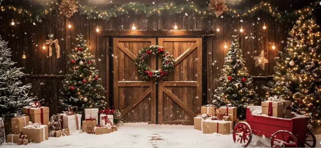 Cozy rustic Christmas scene with wooden barn door, wrapped presents, and red wagon against twinkling holiday lights.
