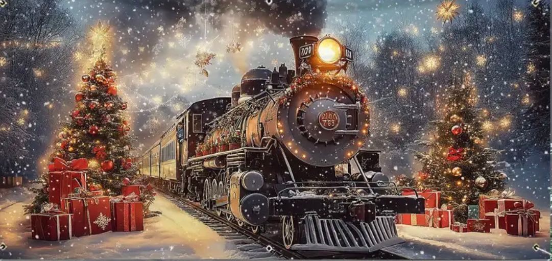 A vintage steam locomotive travels through a snowy winter scene with decorated Christmas trees and presents alongside the tracks.
