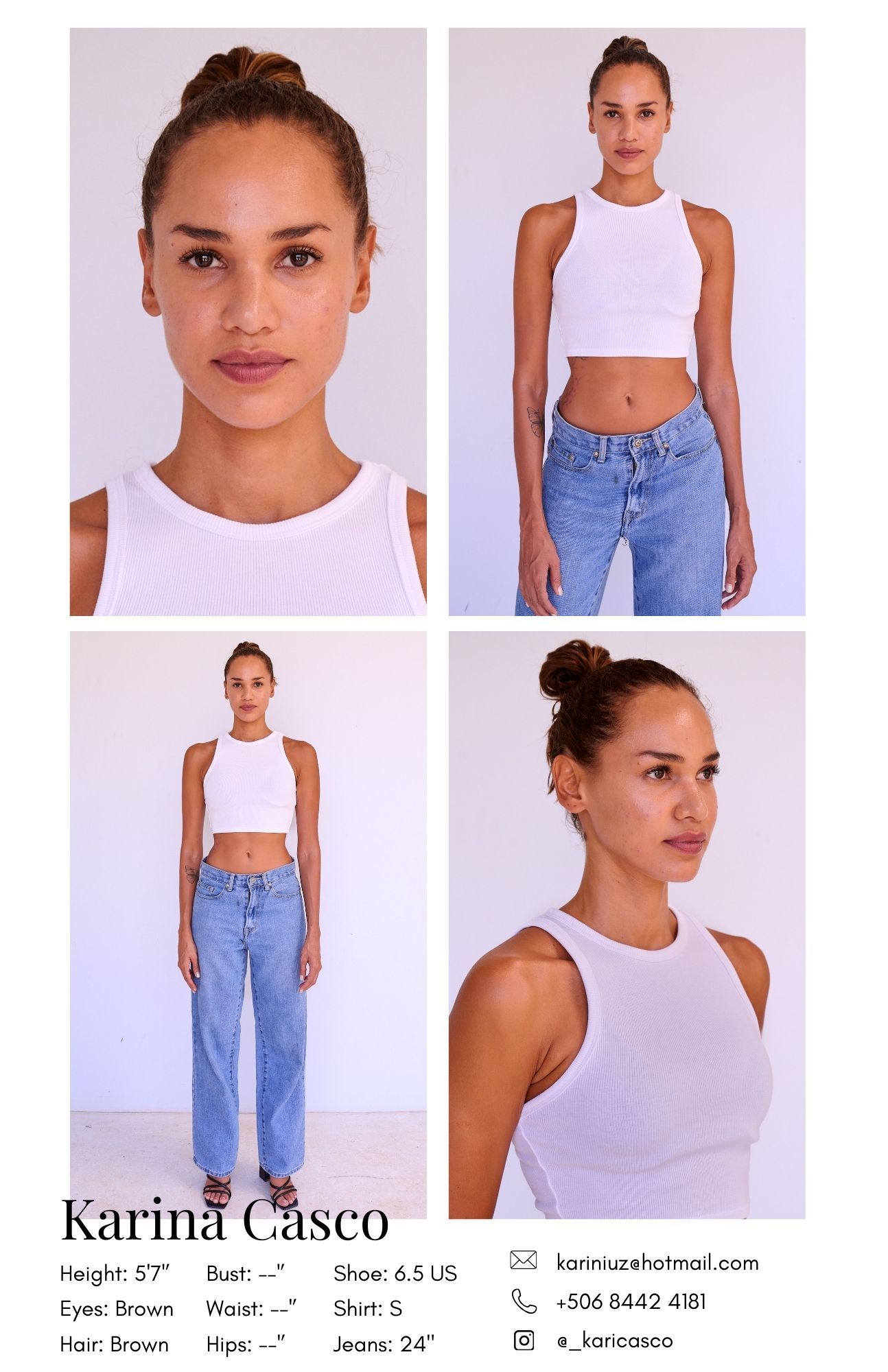 Model wearing white crop top and light blue jeans in professional modeling composite card photo spread.