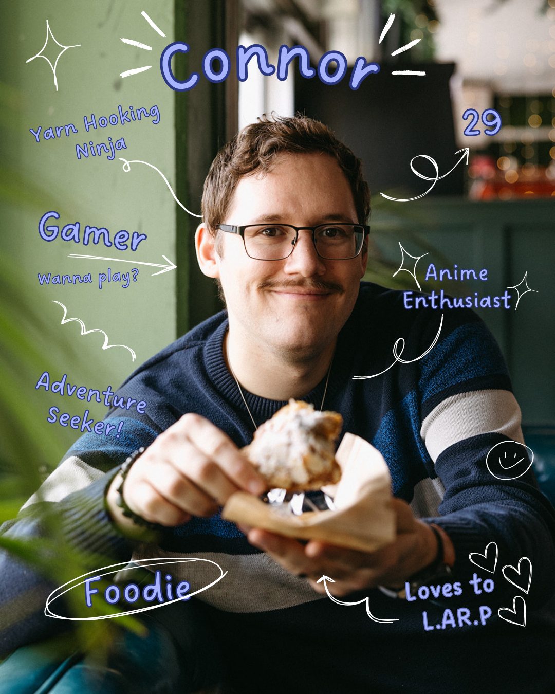 A photograph shows a person in glasses enjoying food in a casual setting with decorative doodles overlaid on the image.