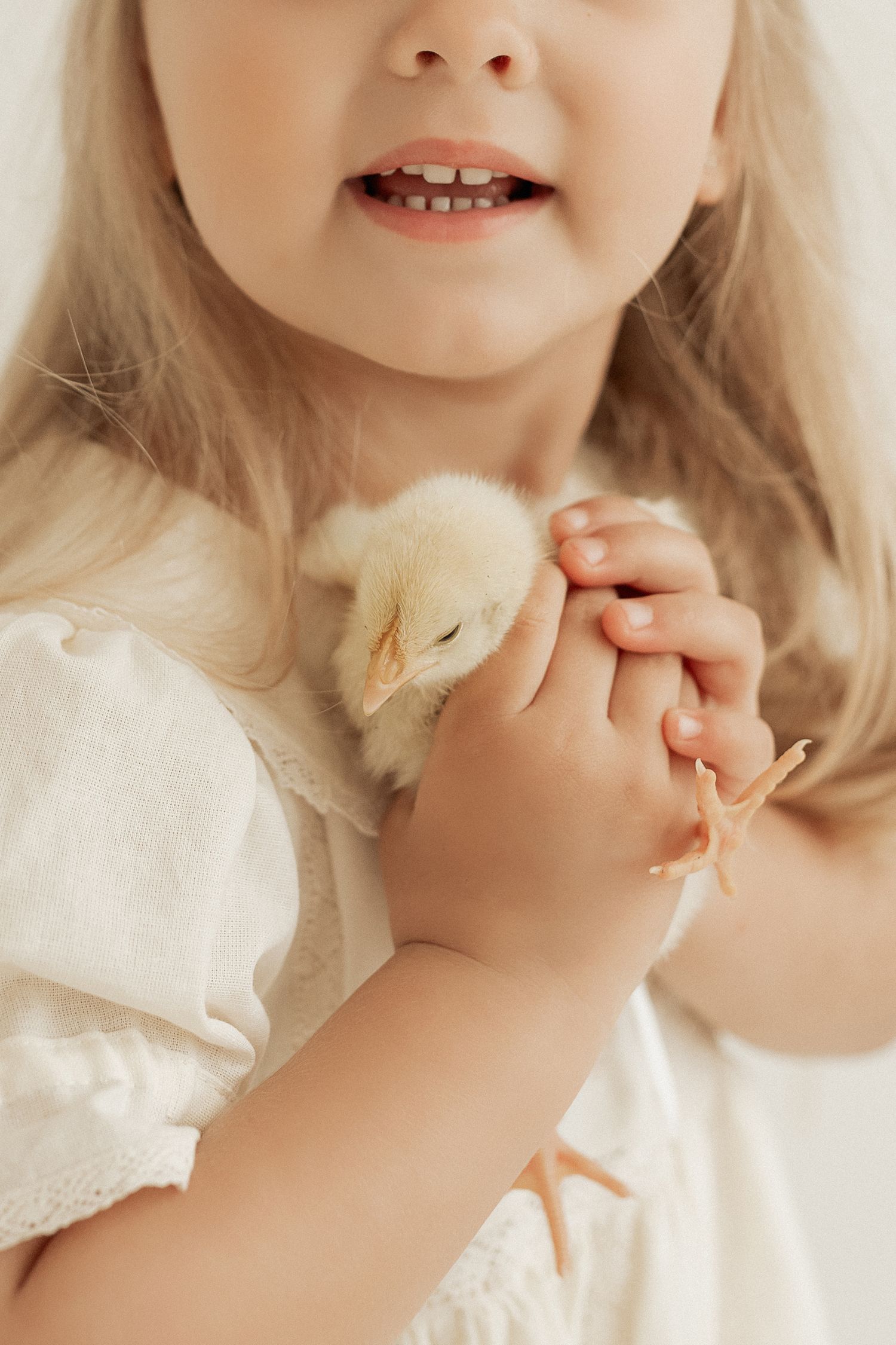 A small sleeping baby chick is gently held in delicate hands while wearing a white dress.