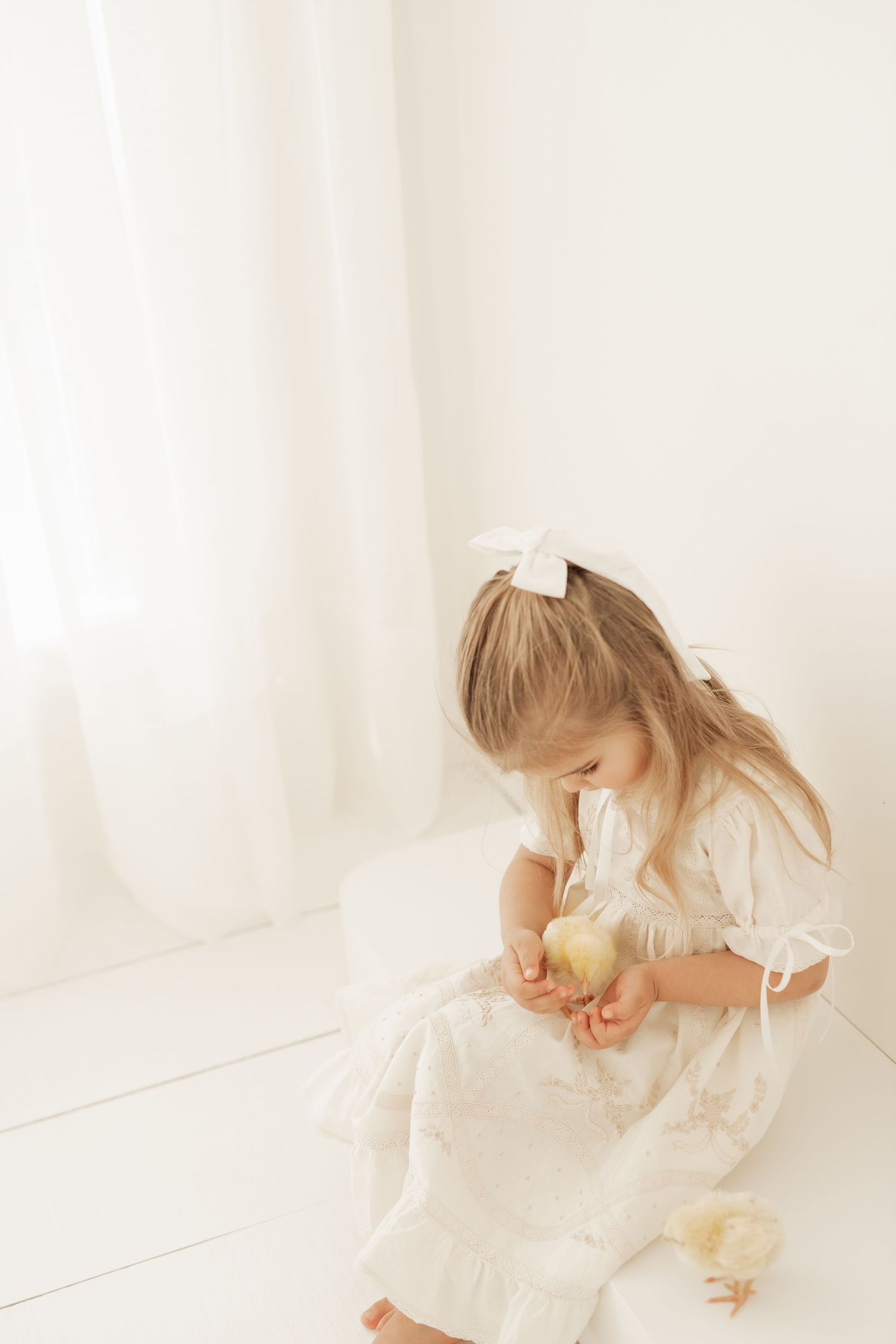 Young child in a white dress holds a baby chick while sitting on a light-colored floor near white curtains.