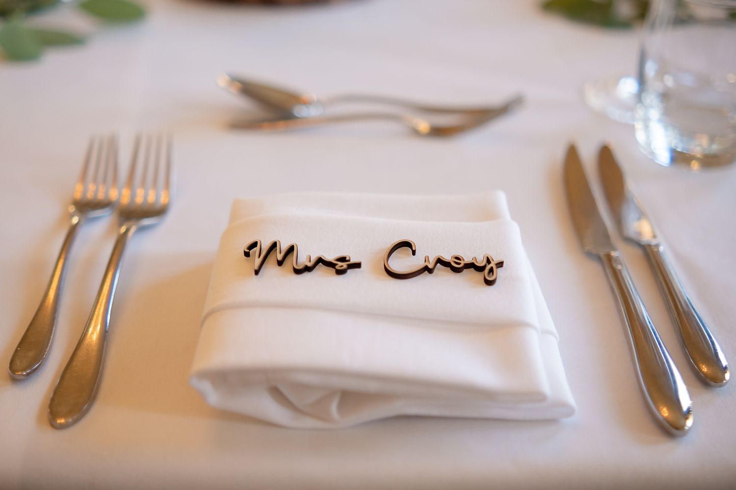 place setting with bride's name