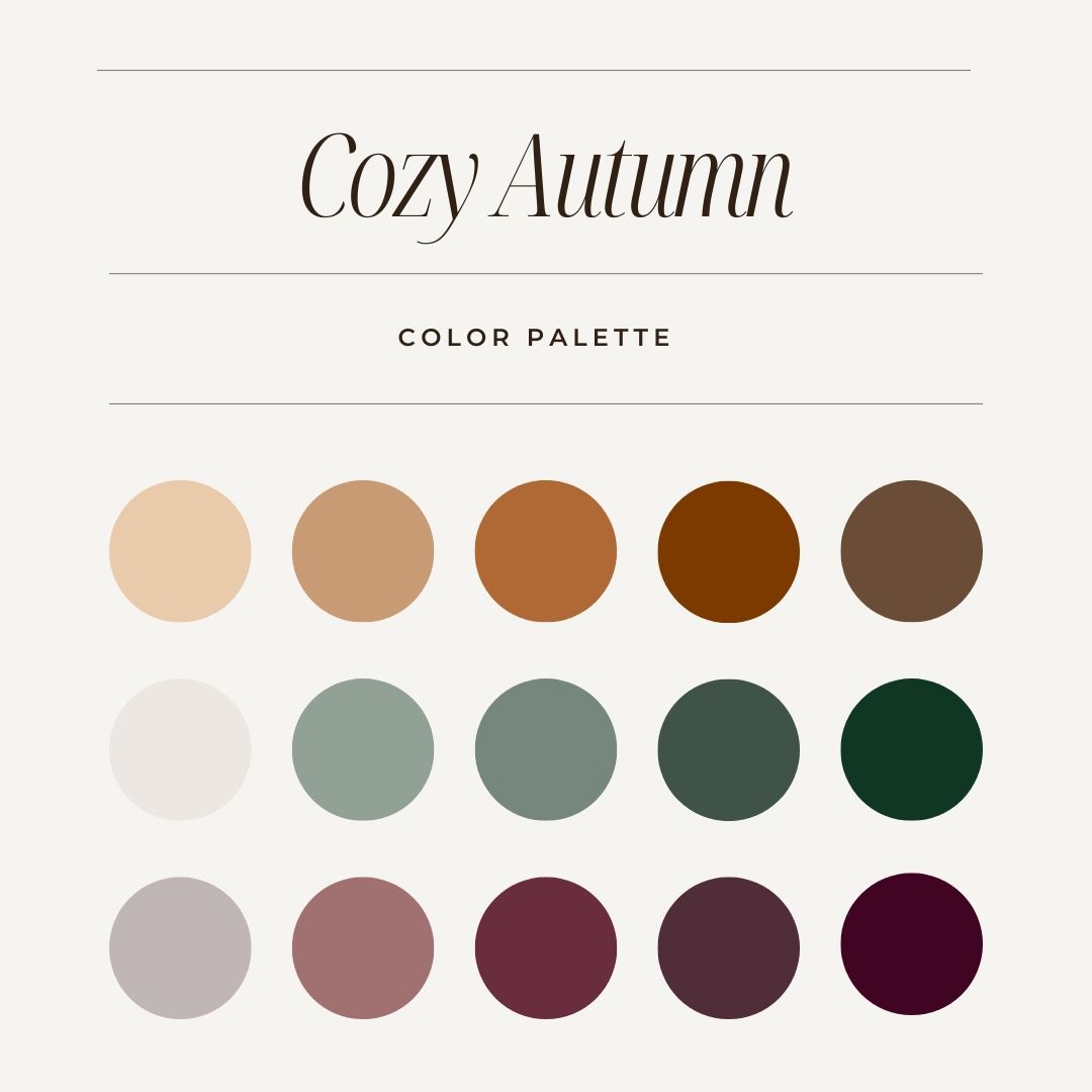 Cozy autumn color palette featuring warm browns, muted greens, and deep burgundy tones.