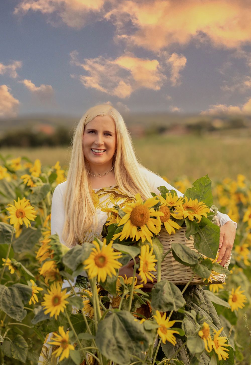 Beauty-Fotografie of a woman in a sunflower field at sunset with basket of freshly picked sunflowers.