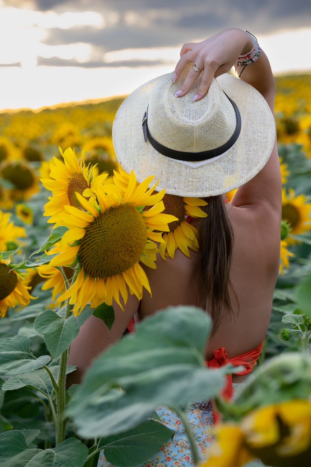 Beautyfotografie - Artistic shot in a sunflower field with a straw hat and blooming yellow flowers.