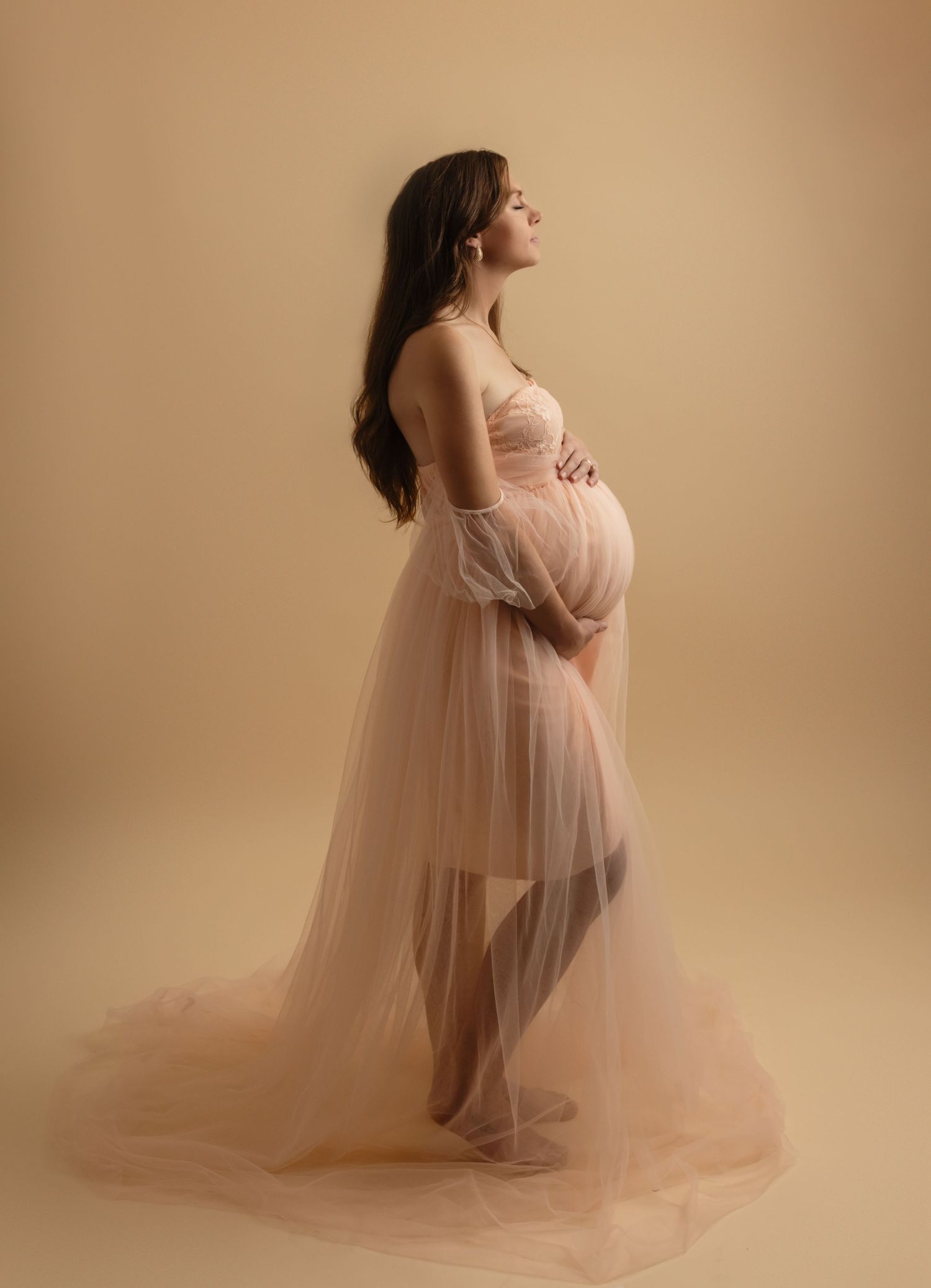 Charlottesville photographer, maternity, newborn, family, baby, pregnant mother in studio session wearing a soft blush dress with soft light