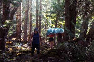 Backpackers explore a dense forest campsite with tents visible among towering trees in dappled sunlight.