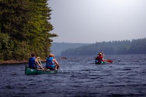 People paddling canoes across a misty lake surrounded by evergreen forest on a calm day.