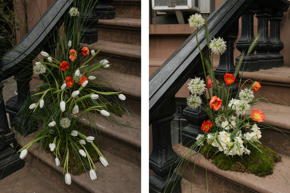A series of photos showing a floral arrangement with white lilies and red tulips on outdoor steps.