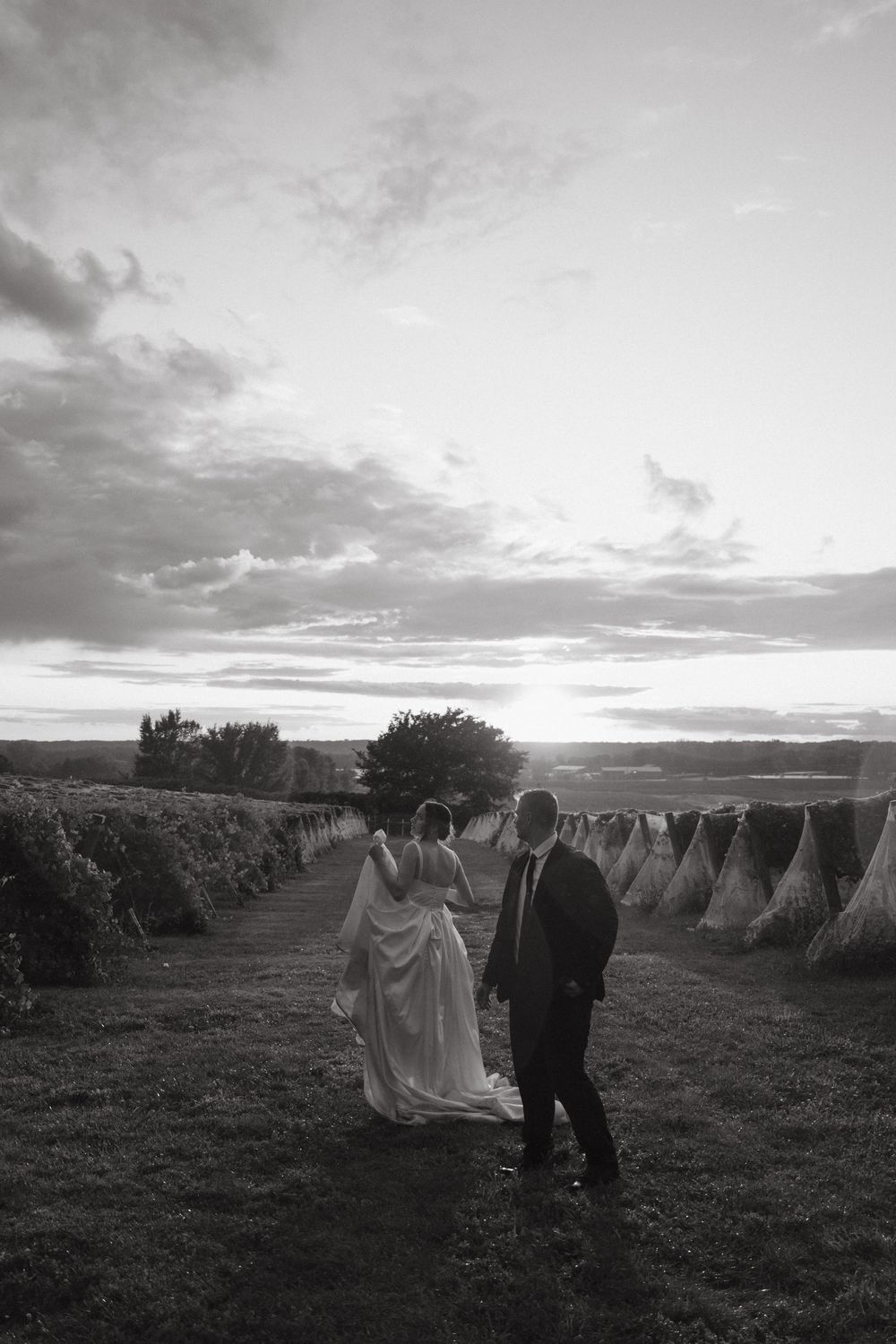 A couple walks through a vineyard at sunset with dramatic clouds overhead in black and white photography.