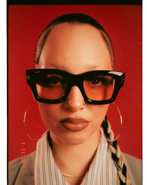 Fashion portrait series showing close-up shots of lips and sunglasses against a red background.