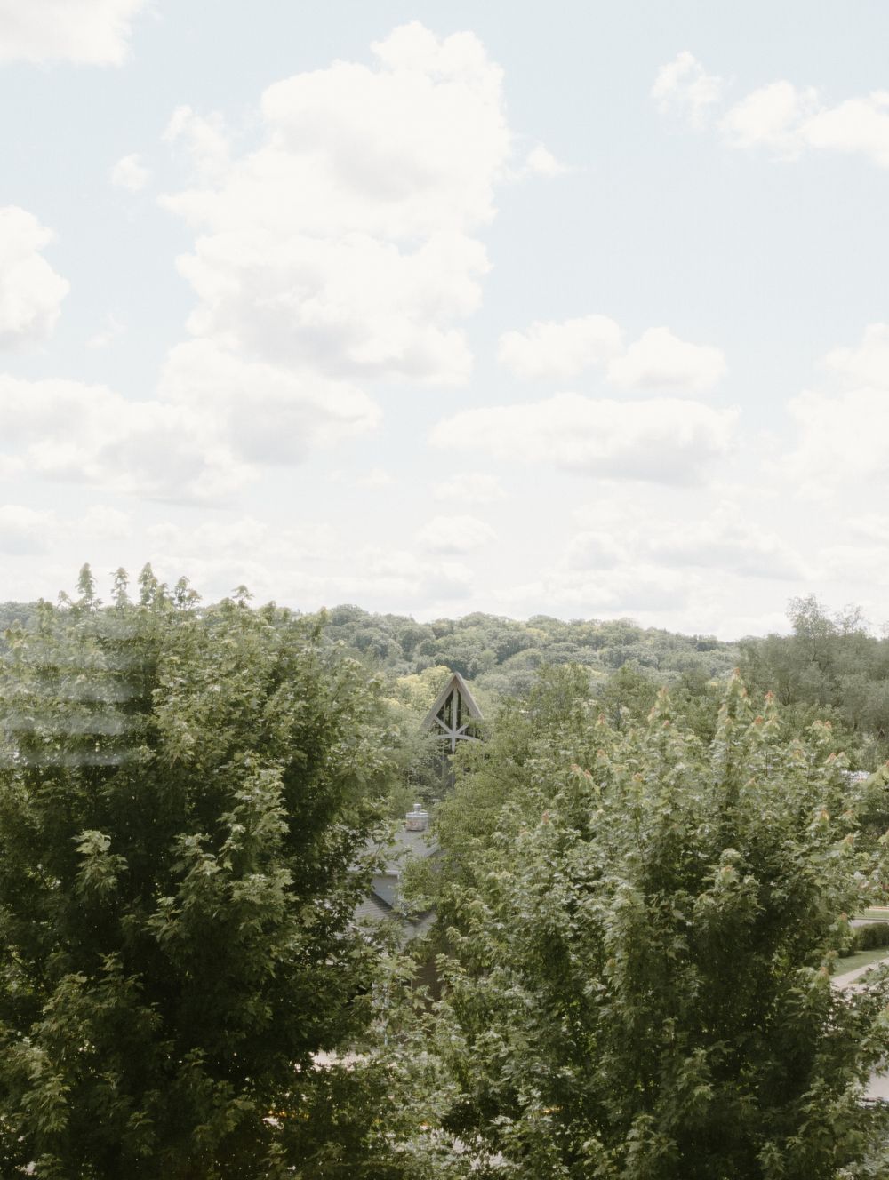 Scenic hilltop landscape view with lush green trees under a cloudy summer sky.