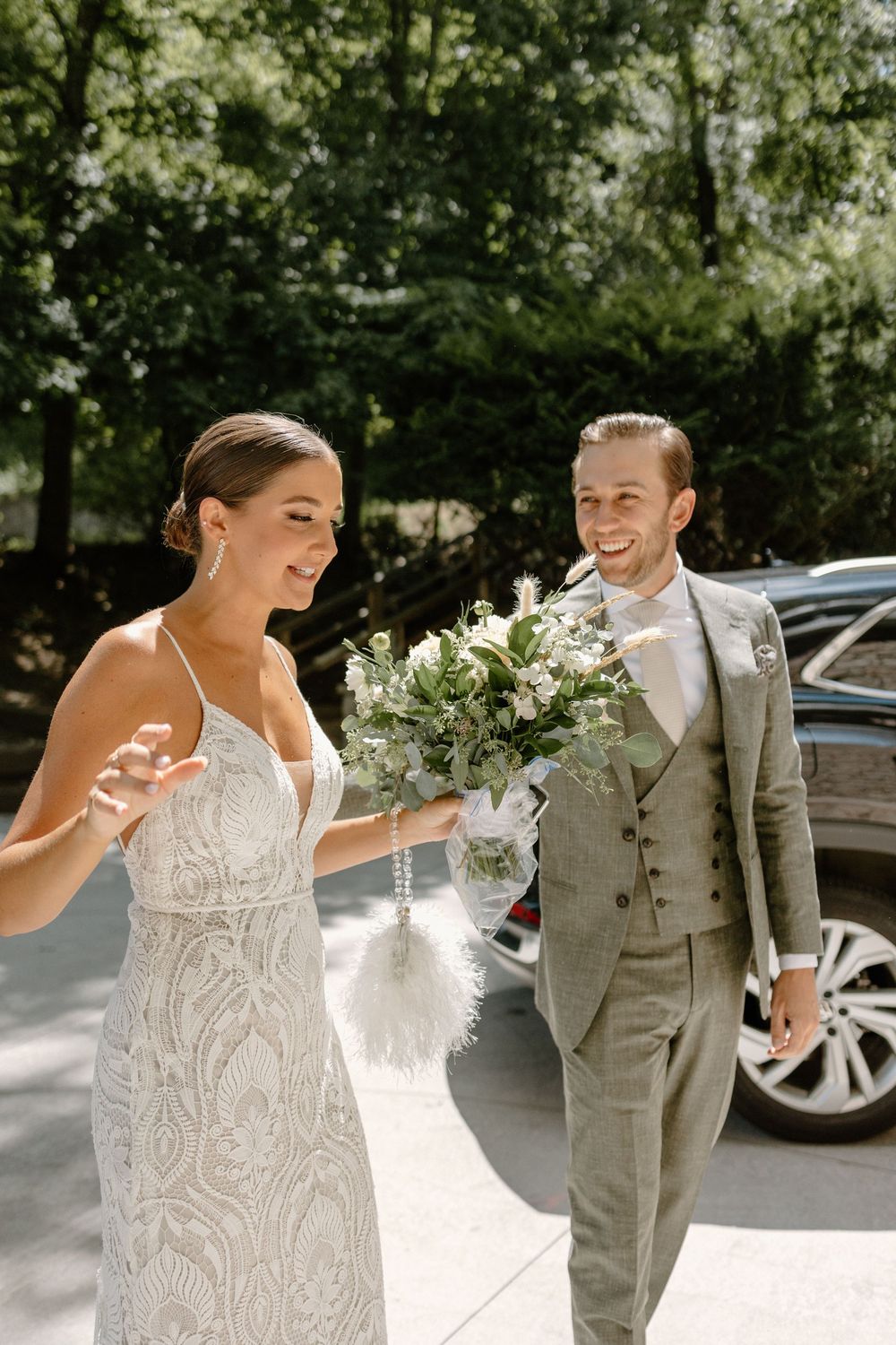 Candid sequence of newlyweds laughing and dancing together outdoors in summer sunshine.