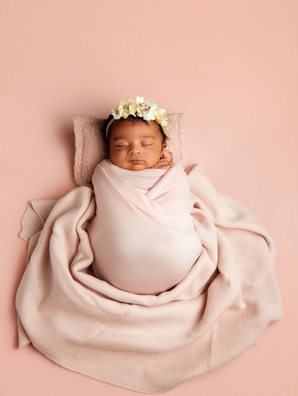 Sleeping newborn baby swaddled in pink wrap with floral headband on pink background.