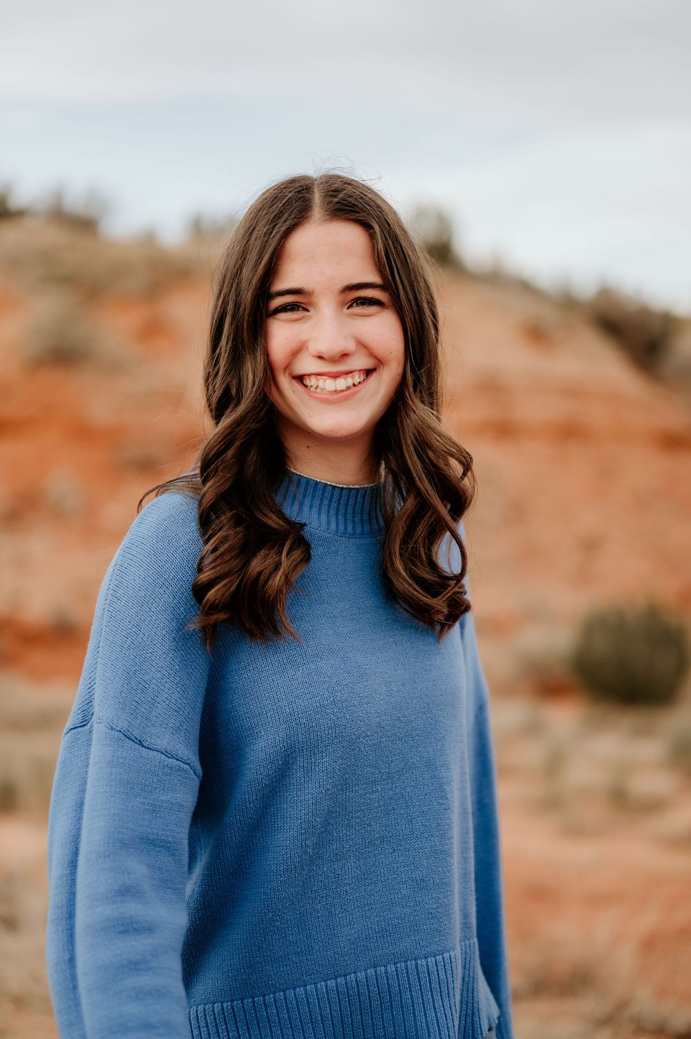 Portrait series of someone in a blue sweater against a desert backdrop.