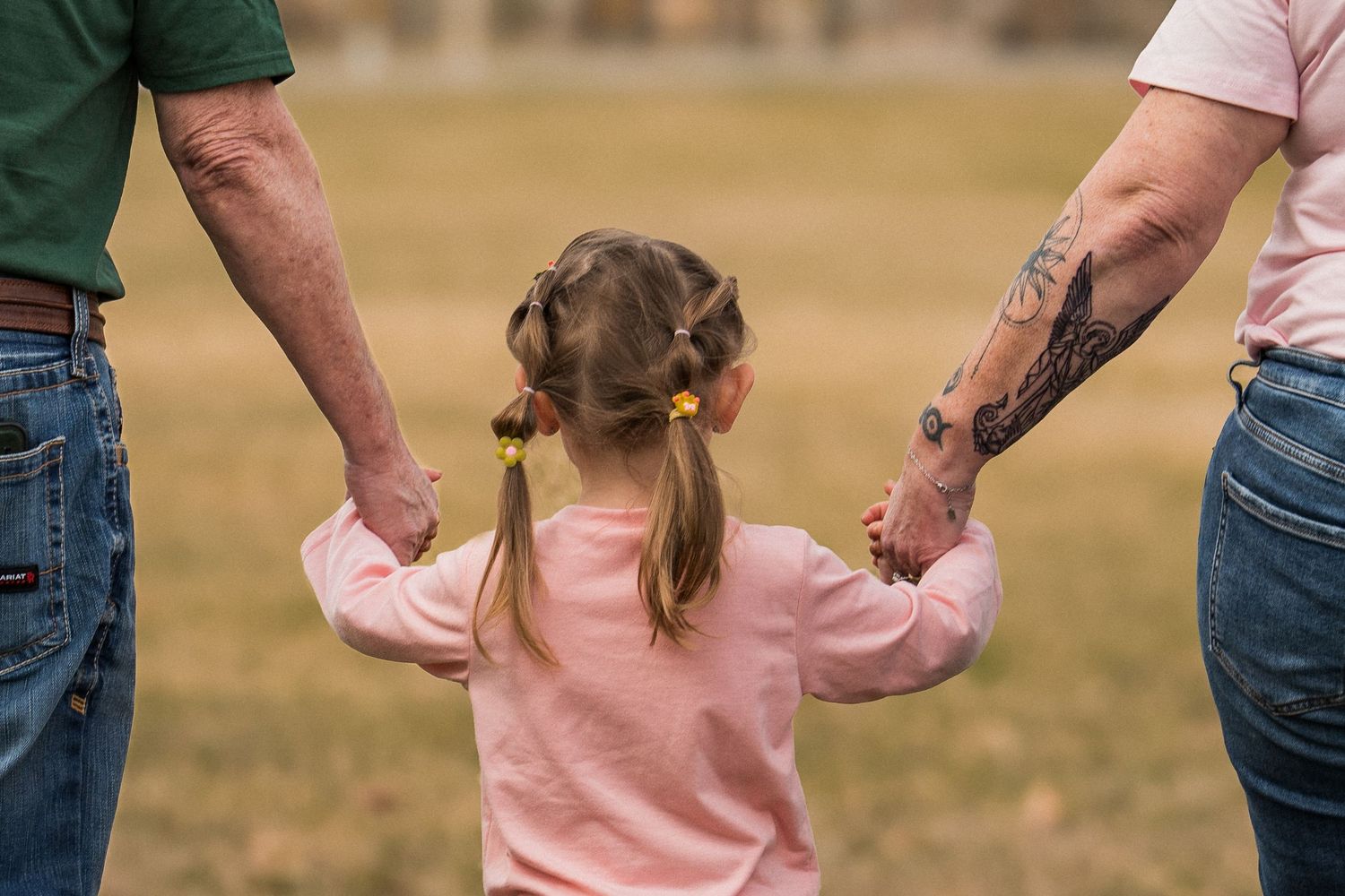 A family holding hands walks together across a grassy field at sunset, viewed from behind.