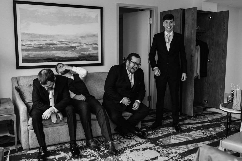 Yorktowne Hotel wedding in York, PA– groom and groomsmen candid shots – elegant winter wedding