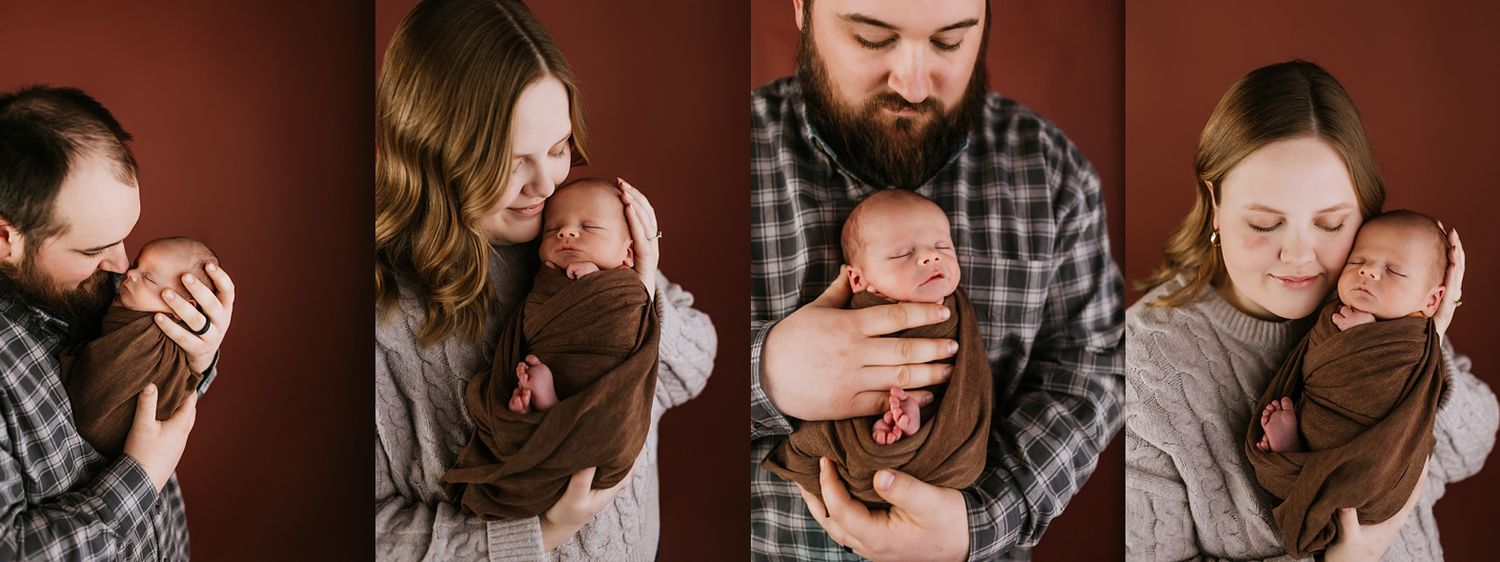Four heartwarming photos showing parents holding and embracing their baby against a dark red background.